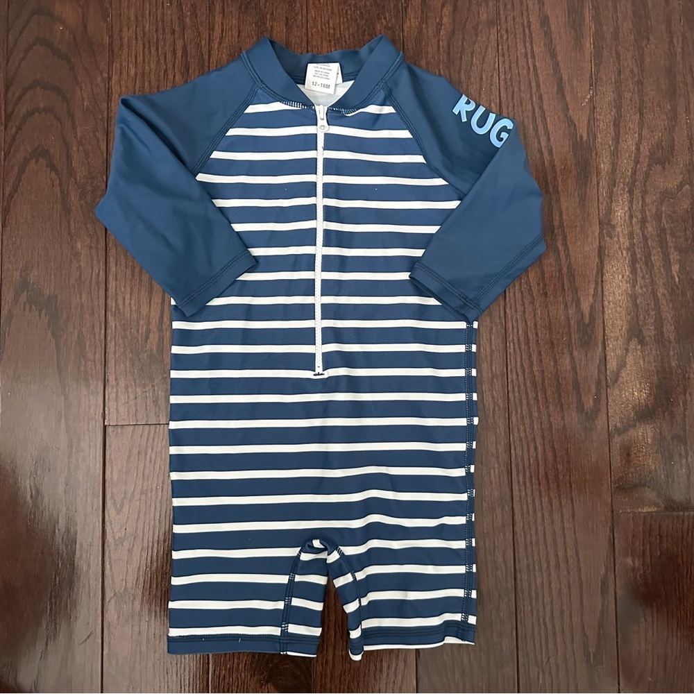 Rugged Butts blue and White Striped swimsuit 12-18m